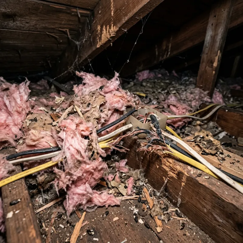 Contaminated ceiling insulation being assessed in a Harkness roof space